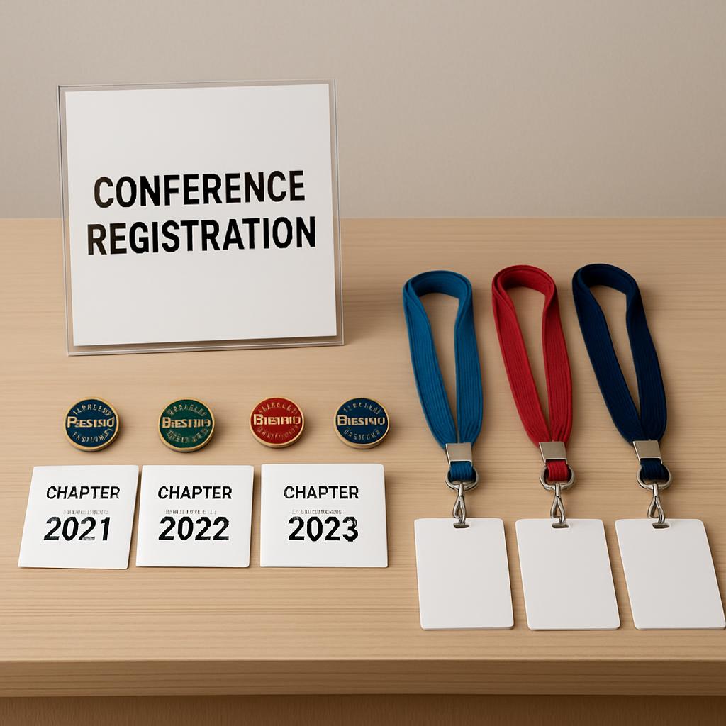 Conference registration table with name tags and lanyards, likely related to a scientific or business meeting or event