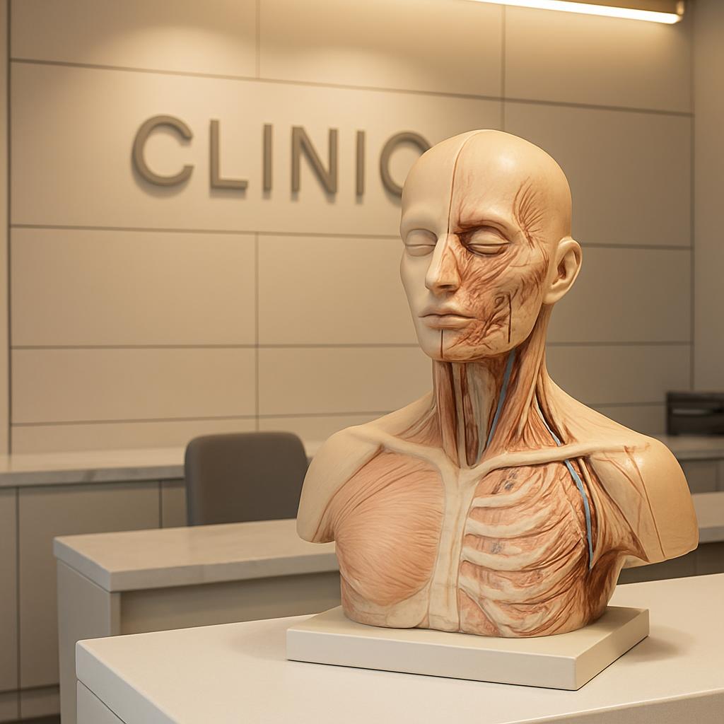Clinic area with a model torso of a person in the foreground, depicting the muscular and circulatory system of the neck an...