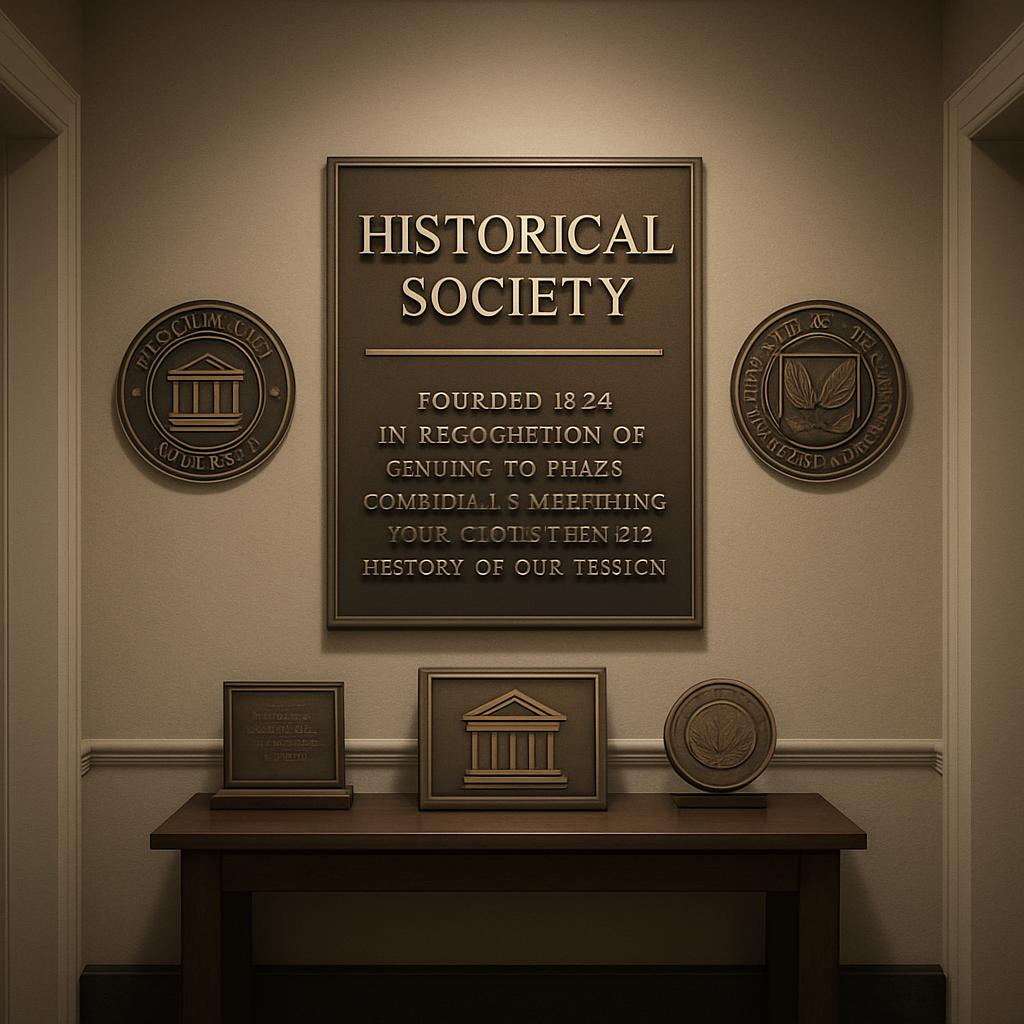 The image depicts a hallway featuring historical Society plaques, showcasing precedence in recognition for various entitites.