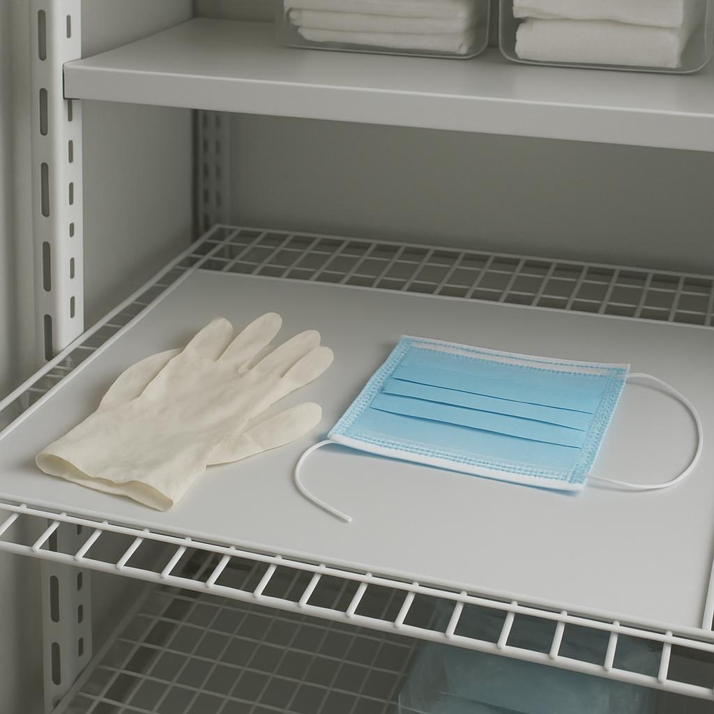Pair of white gloves lie left of blue face mask lying on a shelf in what appears to be a storage room. }) faceshield bypas...