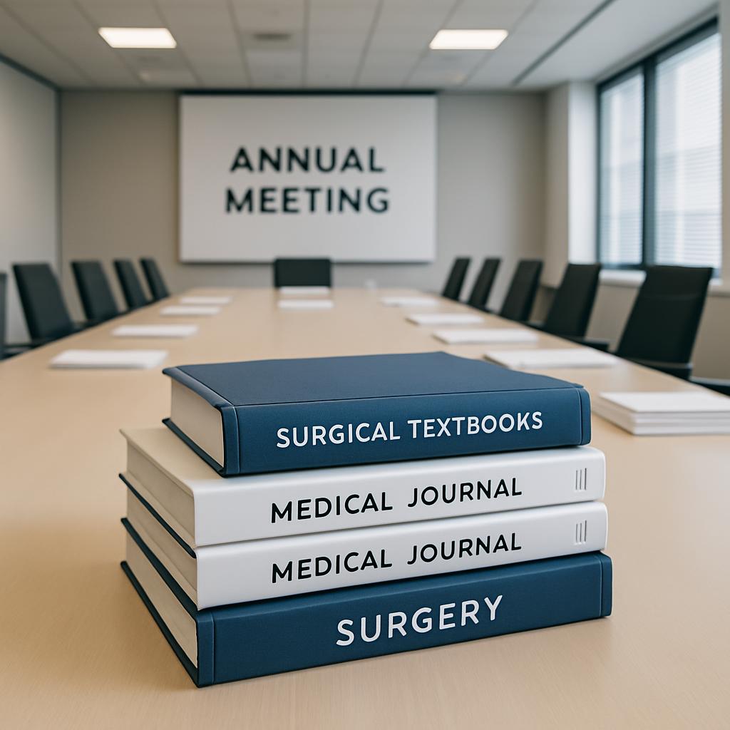 A stack of books in the colors blue and white, beginning blue with "Surgical Textbooks", white with "Medical Journal", fol...
